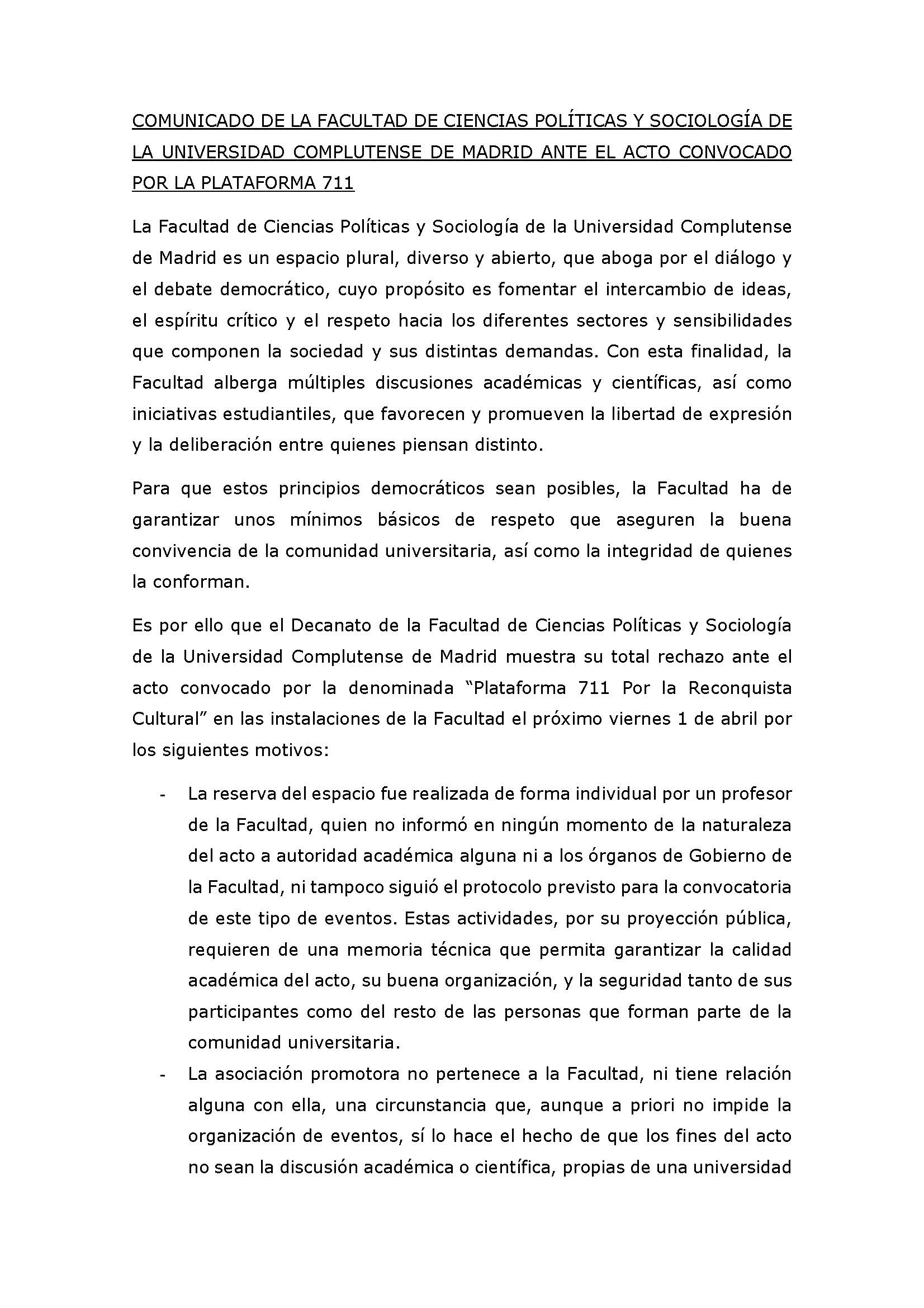 COMUNICADO DE LA FACULTAD DE CIENCIAS POLÍTICAS Y SOCIOLOGÍA DE LA UNIVERSIDAD COMPLUTENSE DE MADRID